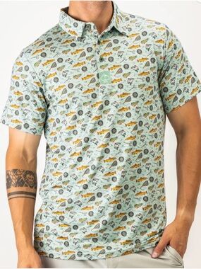 Pins & Aces Men’s Golf Polo Catch & Release Fish Print XXXL Athletic Fit SPF 45+